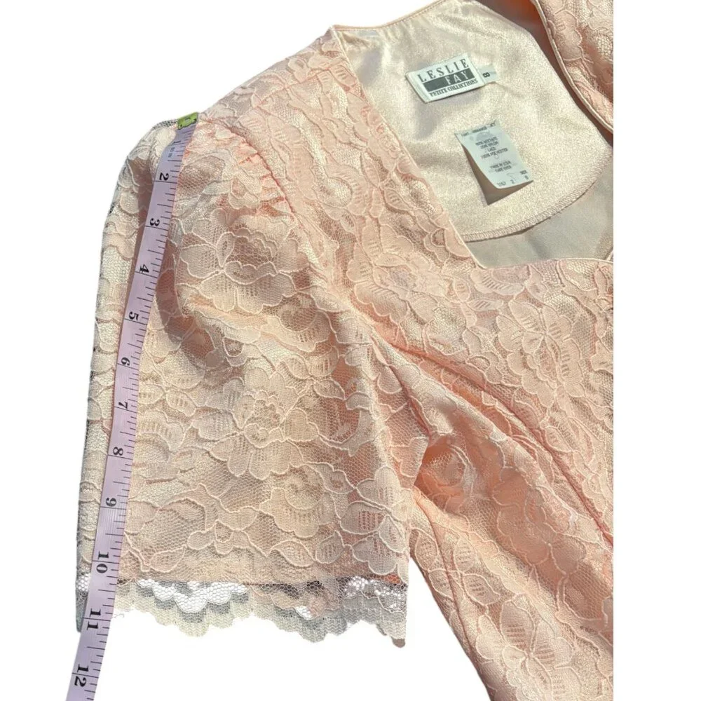 VTG 90s Leslie Fay Petites pink lace floral short sleeve blazer & crepe skirt 8P